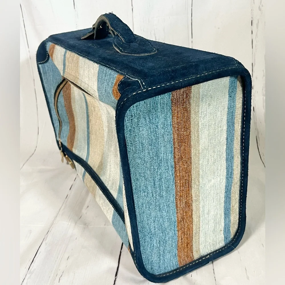 Vintage French Blue suede, striped fabric luggage, travel suitcase rare